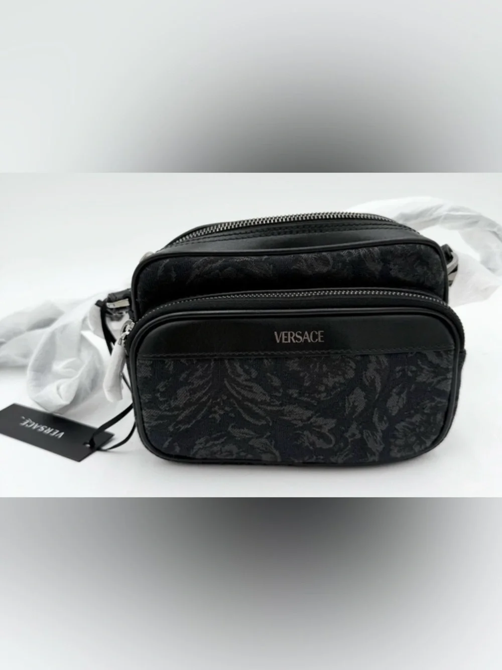 Versace Unisex Borocco Baroque Jacquard Logo Monogram Black Crossbody Bag NEW